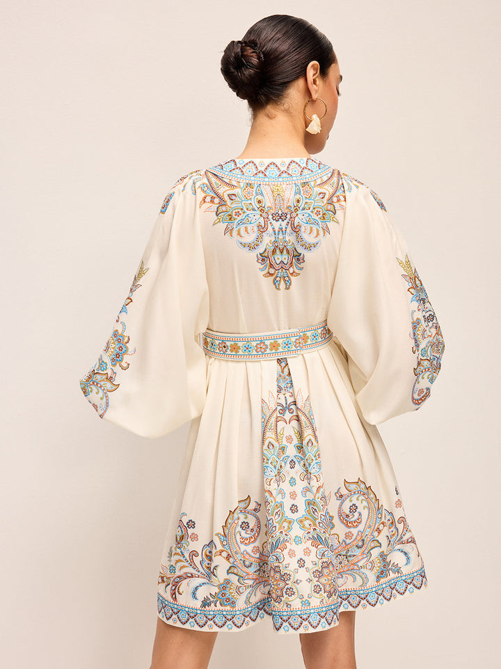 Boho-Gürtel-Kleid mit V-Ausschnitt und Ballonärmeln