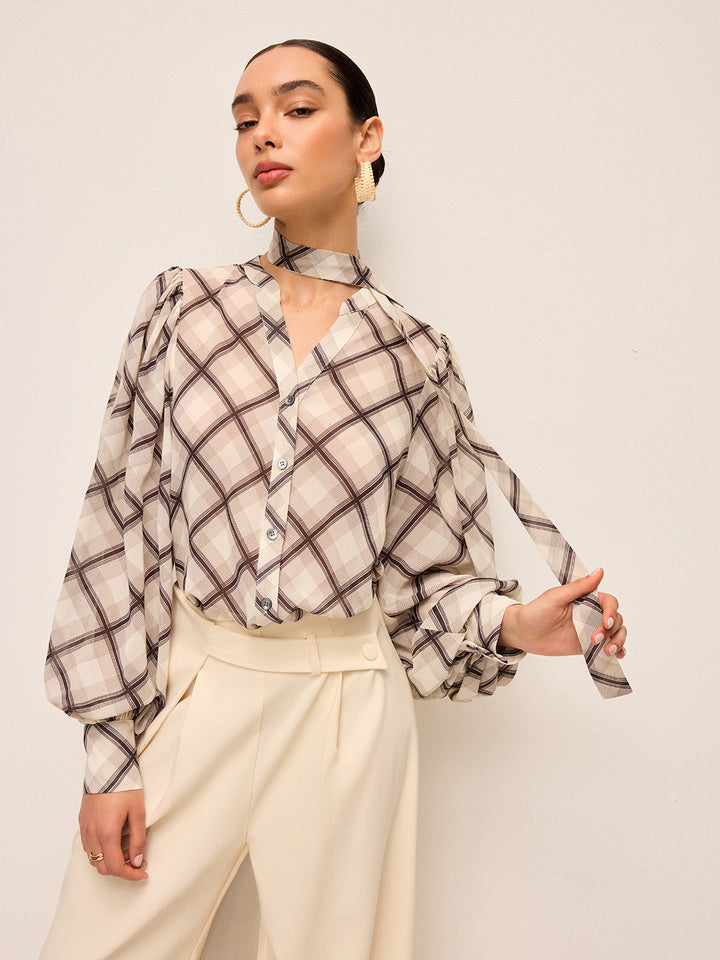Langarm-Karo-Chiffon-Bluse mit Krawatten-Detail