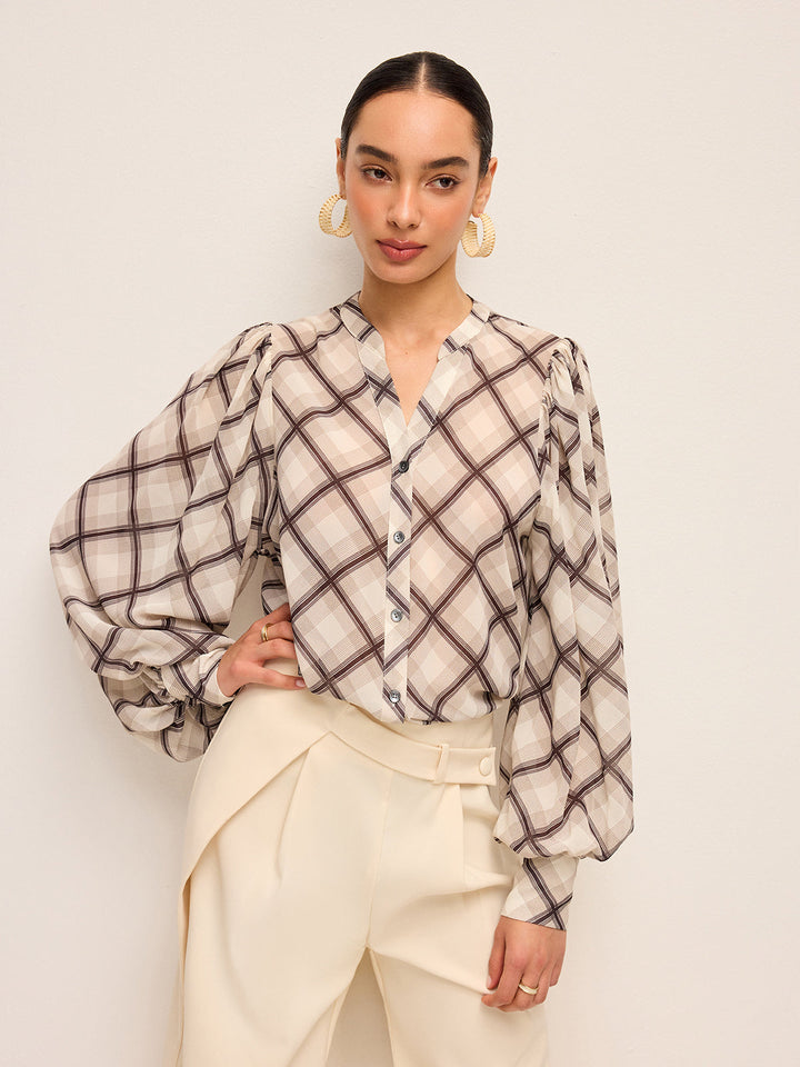 Langarm-Karo-Chiffon-Bluse mit Krawatten-Detail
