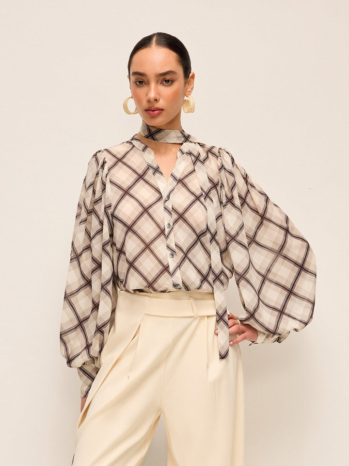 Langarm-Karo-Chiffon-Bluse mit Krawatten-Detail