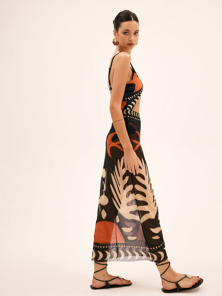 Maxi-Rock mit Netzstoff-Print