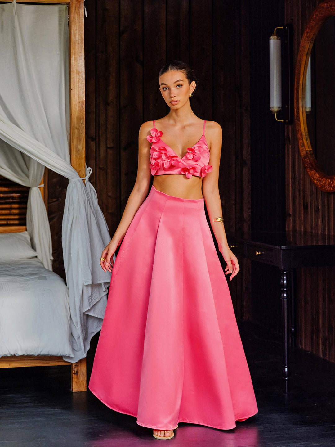 Blumenverzierte Crop-Top mit A-Linien-Rock-Set
