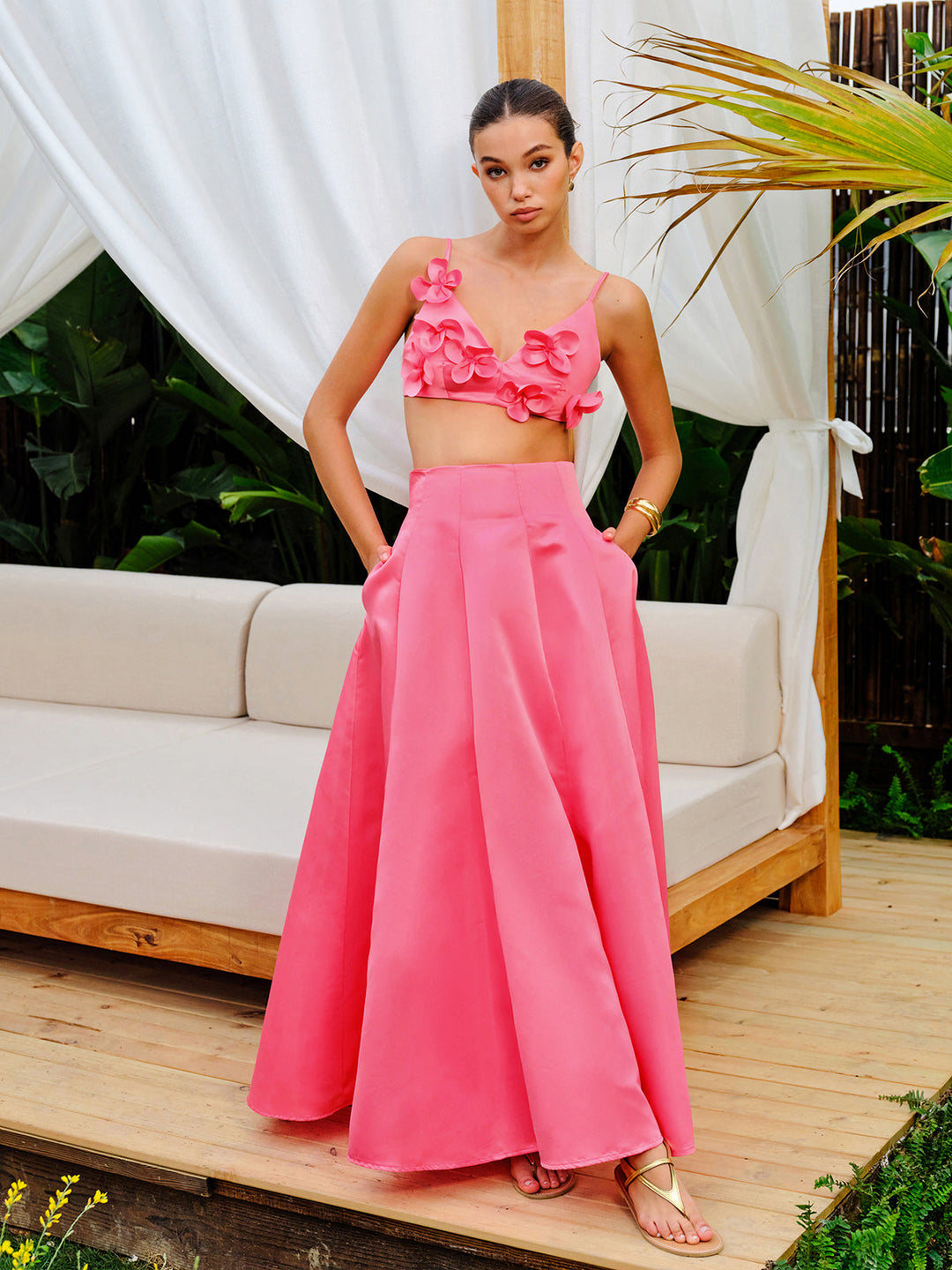 Blumenverzierte Crop-Top mit A-Linien-Rock-Set
