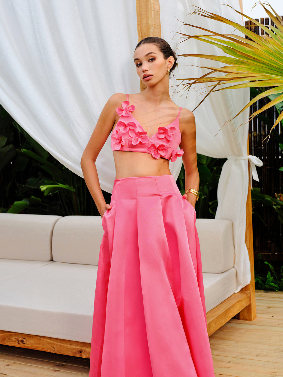 Blumenverzierte Crop-Top mit A-Linien-Rock-Set