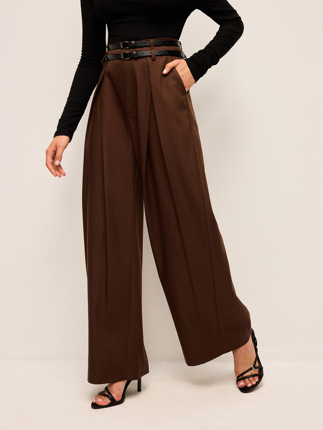 High-Waist Wide-Leg Pants With Double Belts