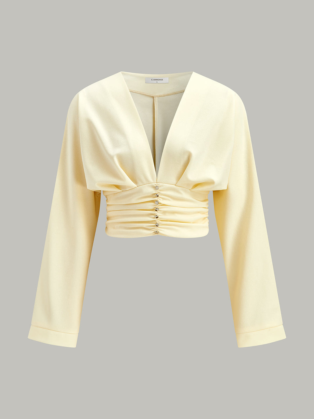 V-Ausschnitt Raffung Taille Dekorative Knopf Crop Bluse