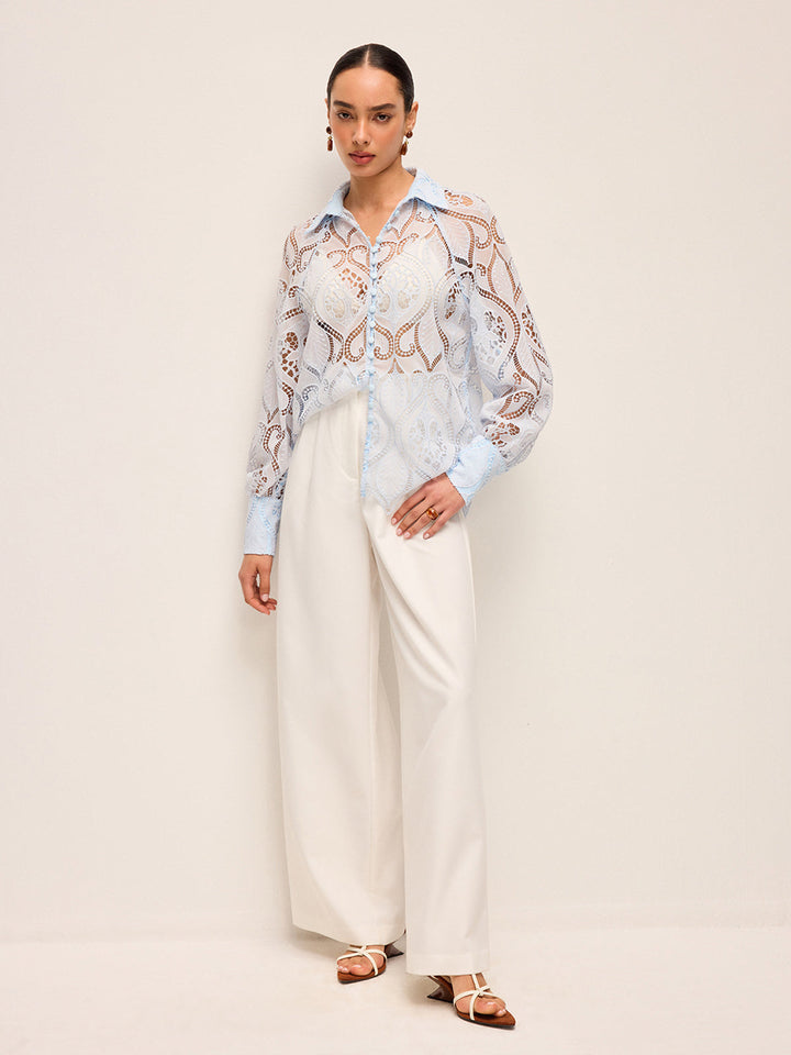 Sheer Spitzenbluse mit Stoffknopf