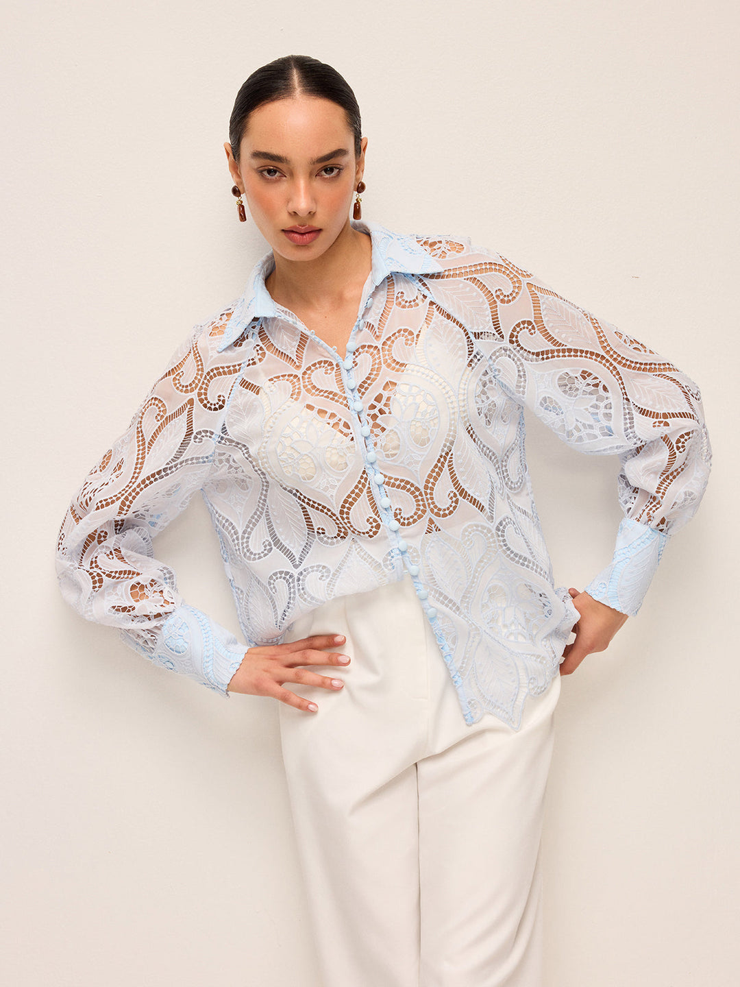 Sheer Spitzenbluse mit Stoffknopf