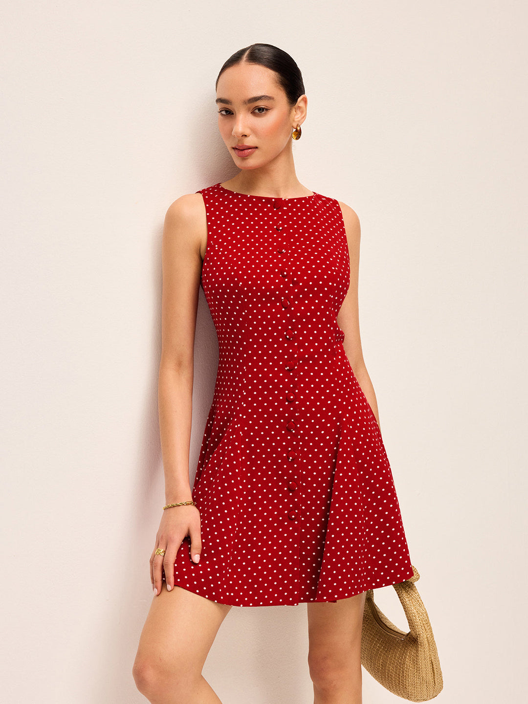 Kleid mit Polka-Dots, ärmellos und Bindeband am Rücken