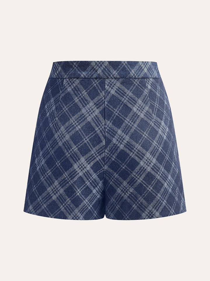 Karo-Print Denim-Shorts mit mittlerer Taille