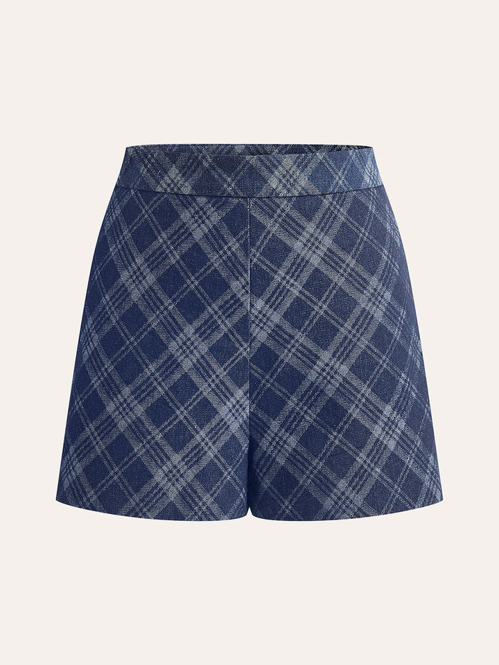 Karo-Print Denim-Shorts mit mittlerer Taille