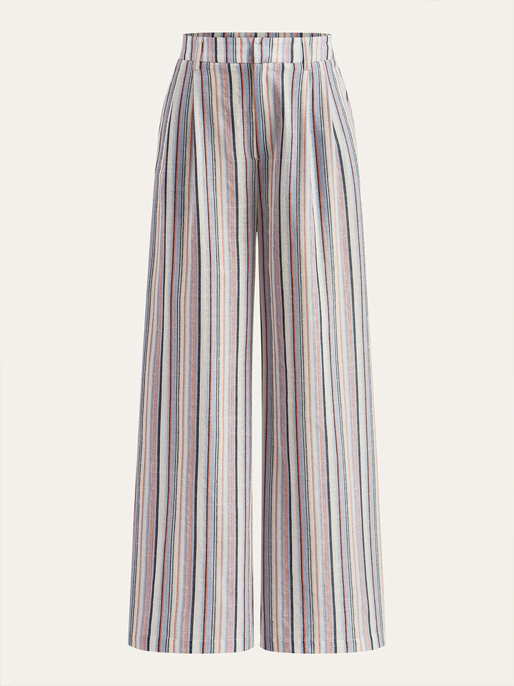 Leinen- & Baumwollhose mit mittlerer Taille und gestreiftem, weitem Bein