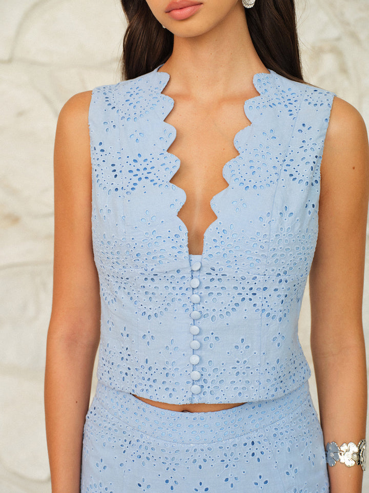 Gerüschter Ausschnitt Knopf-Front-Häkel-Crop-Top