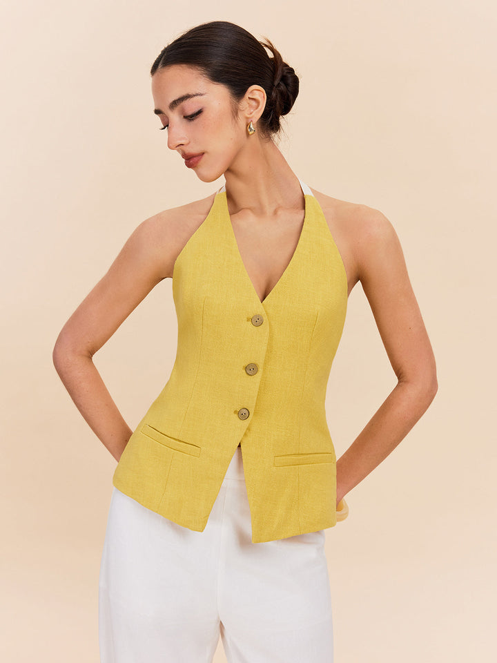 Halter-Oberteil aus Baumwolle und Leinen mit Ziertasche