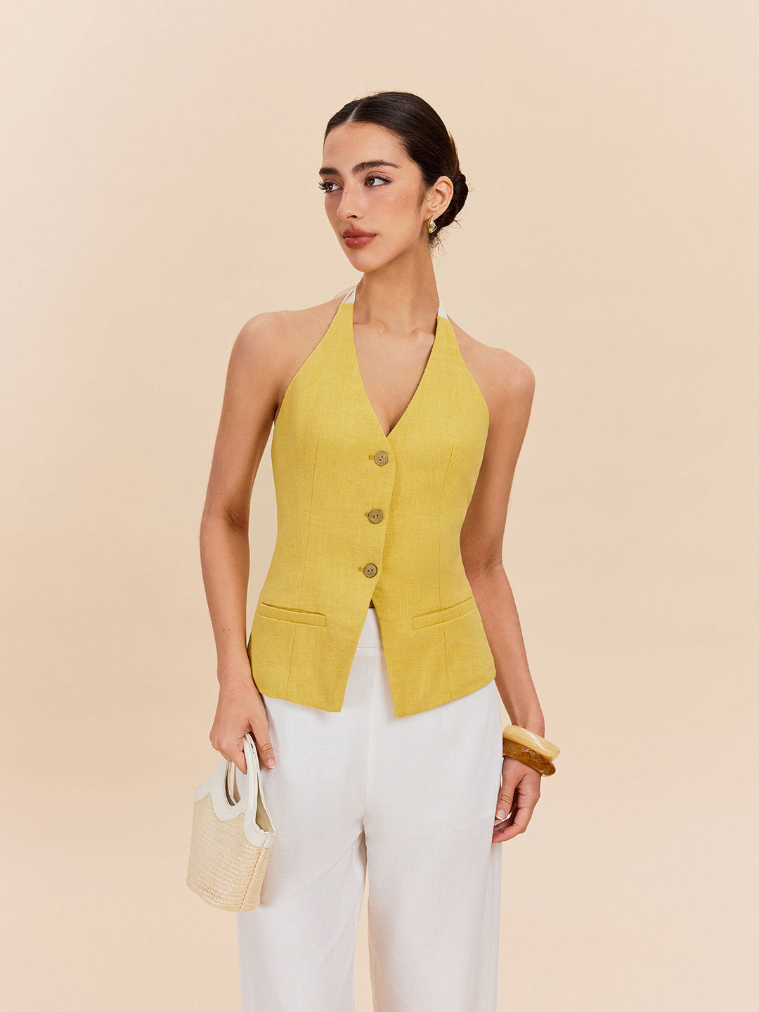 Leinen-Halftertop aus Baumwolle mit Ziertaschen