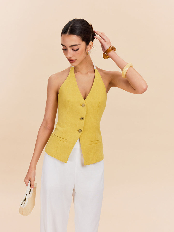 Halter-Oberteil aus Baumwolle und Leinen mit Ziertasche