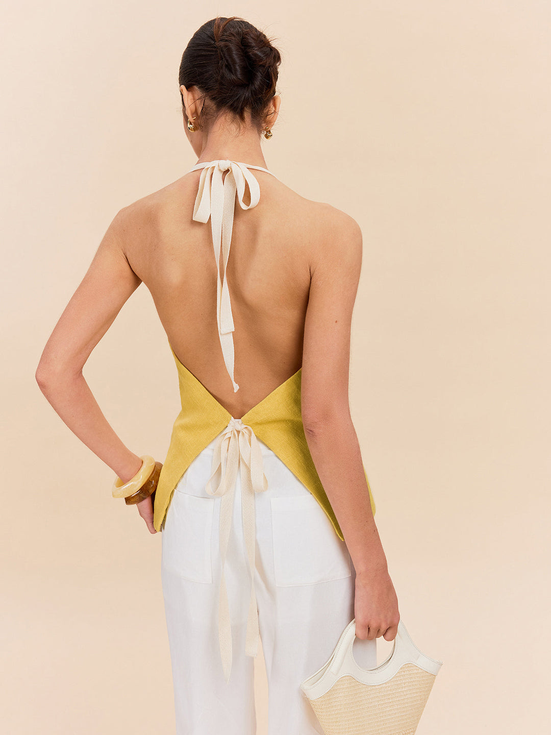 Halter-Oberteil aus Baumwolle und Leinen mit Ziertasche
