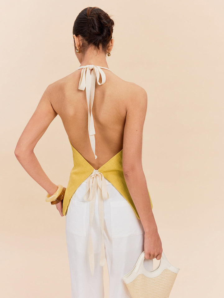 Halter-Oberteil aus Baumwolle und Leinen mit Ziertasche