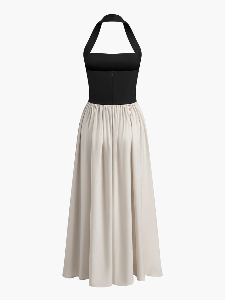 Farblich abgesetztes Neckholder-Kleid aus Leinenmischung