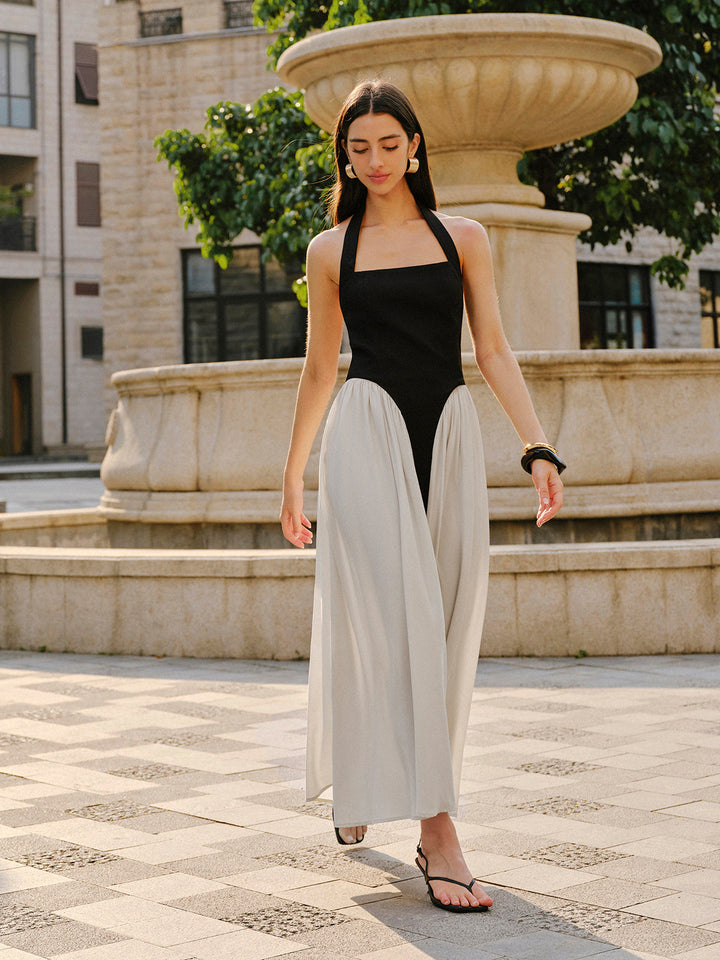Farblich abgesetztes Neckholder-Kleid aus Leinenmischung