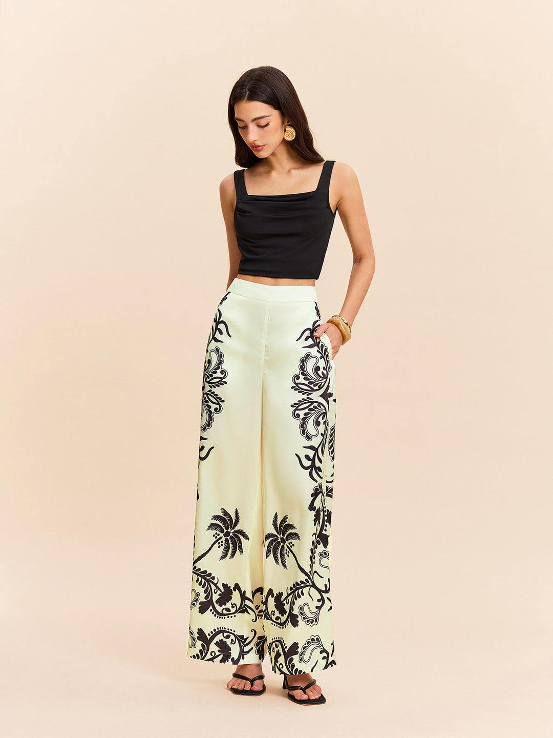 High-Waist Tropischer Print Satinhose