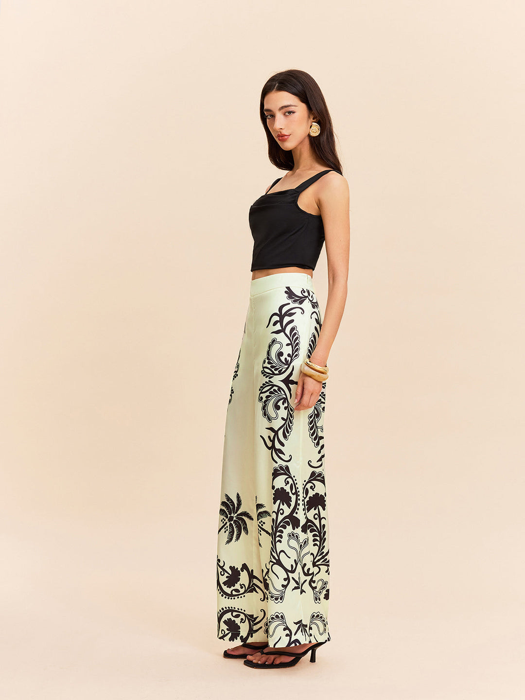 High-Waist Tropischer Print Satinhose
