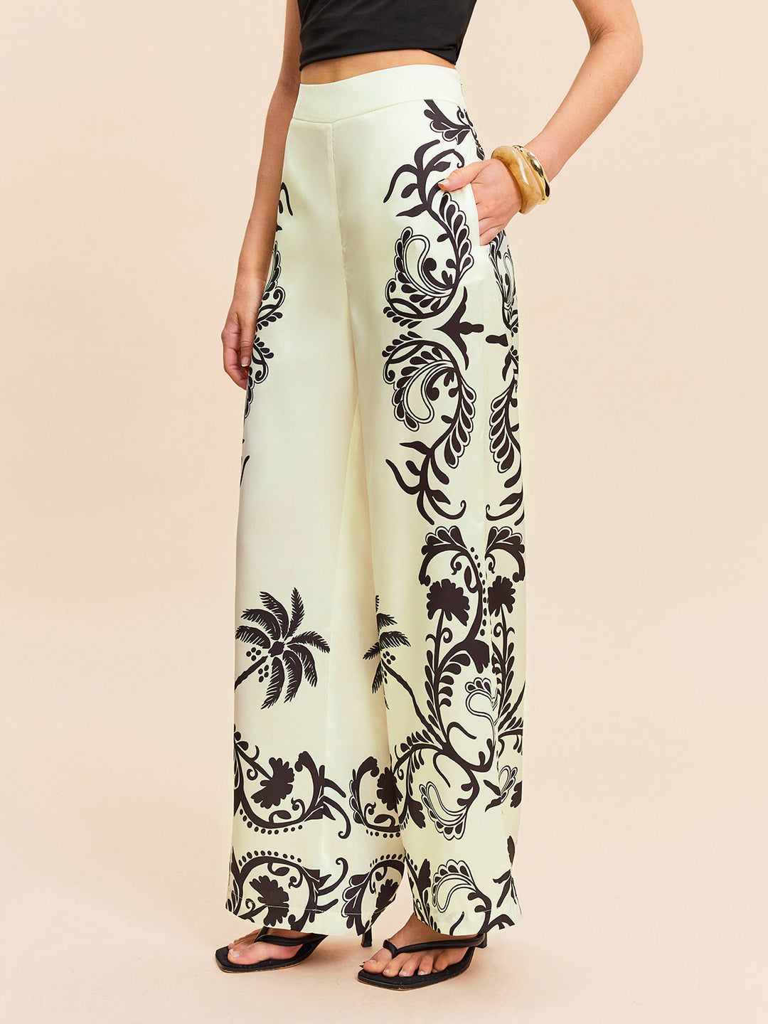 High-Waist Tropischer Print Satinhose