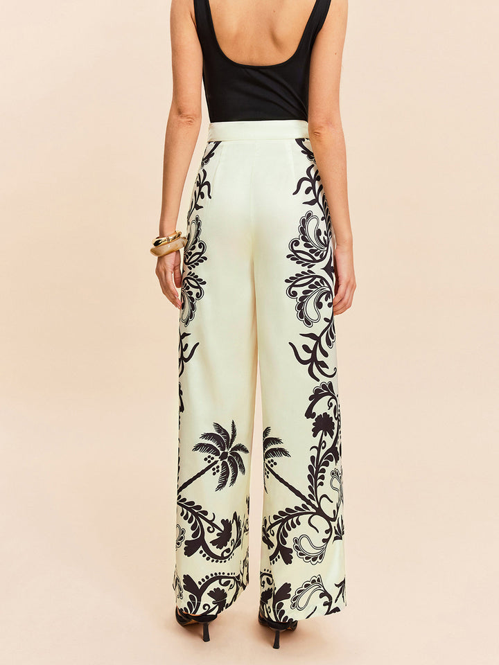 High-Waist Tropischer Print Satinhose