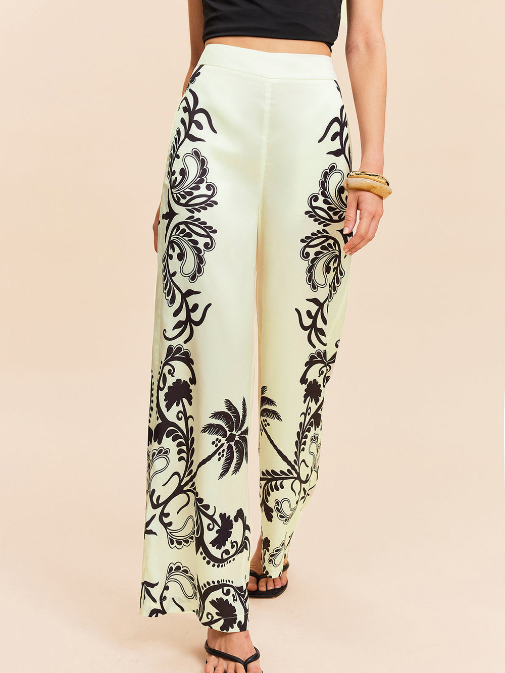 High-Waist Tropischer Print Satinhose