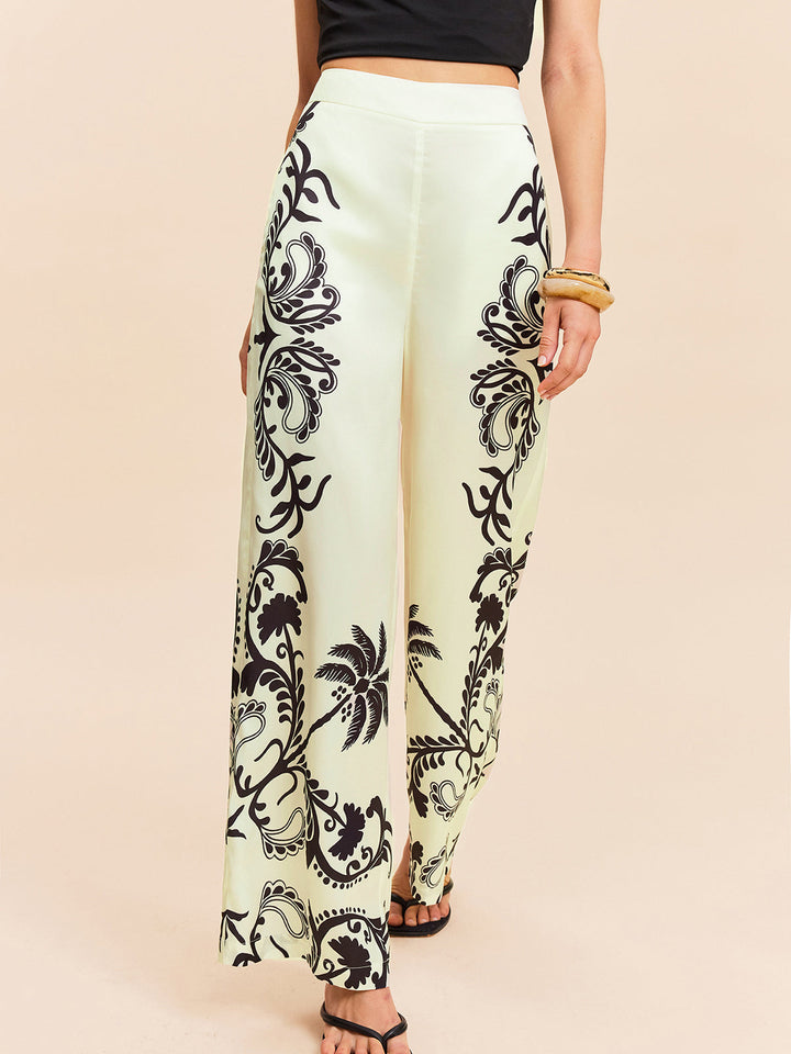 High-Waist Tropischer Print Satinhose