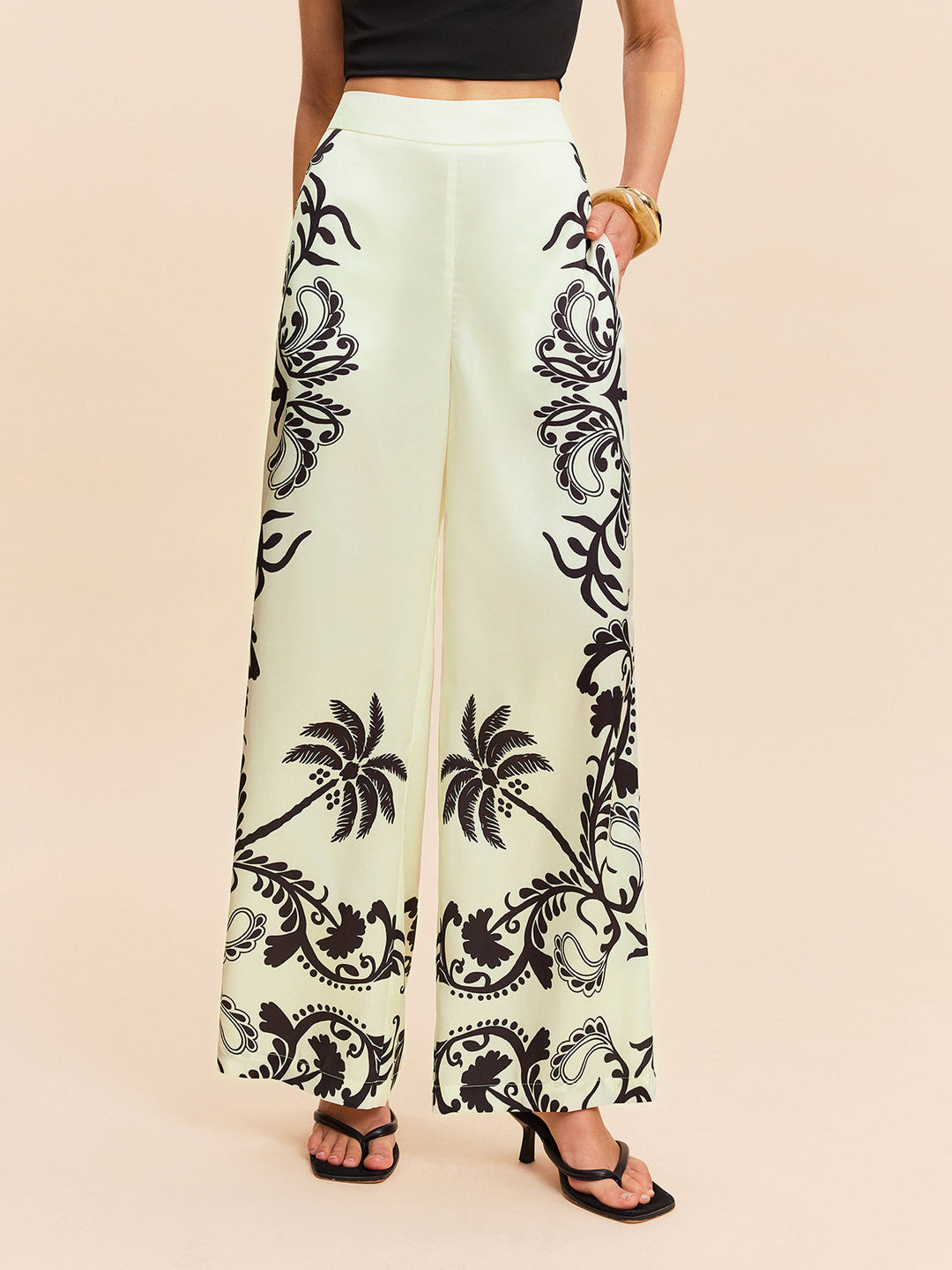 High-Waist Tropischer Print Satinhose