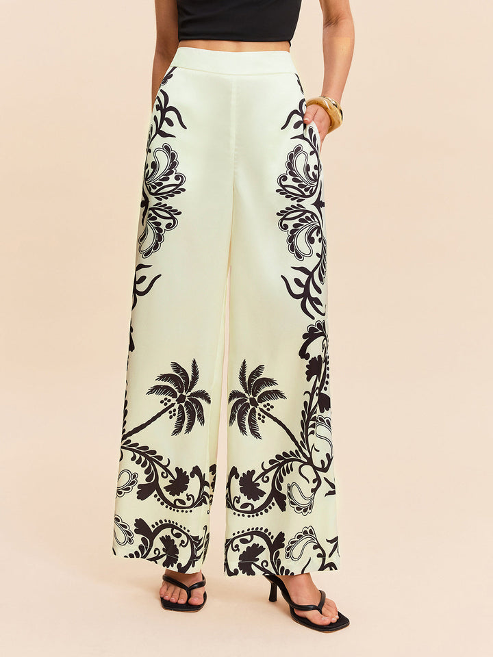 High-Waist Tropischer Print Satinhose