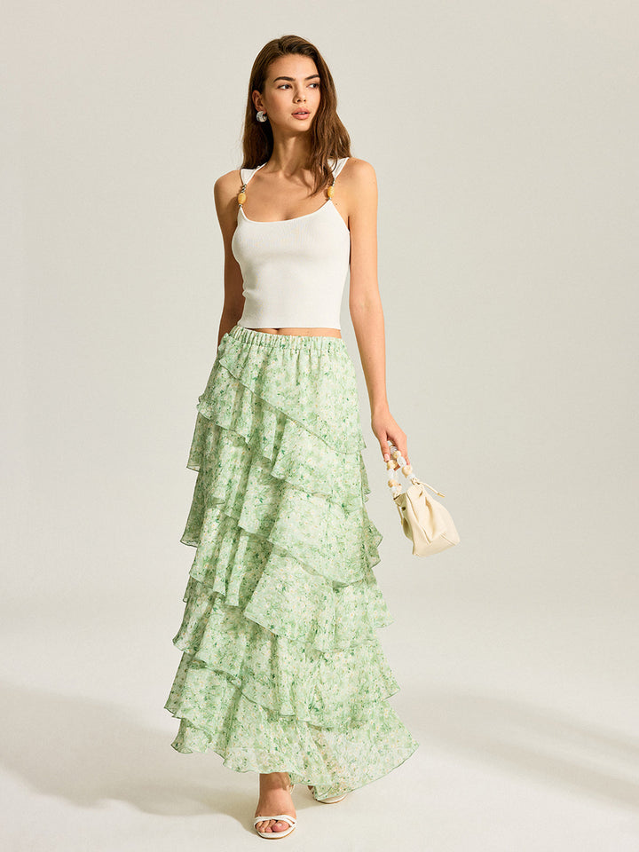 Halbtransparenter Chiffon-Rock mit goldenen Tupfen und Stufen