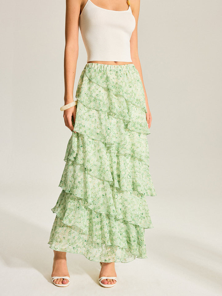 Halbtransparenter Chiffon-Rock mit goldenen Tupfen und Stufen