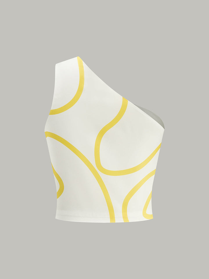 One-Shoulder Abstract Print Crop Top und Maxikleid mit Stufen und Maxi-Rock-Set