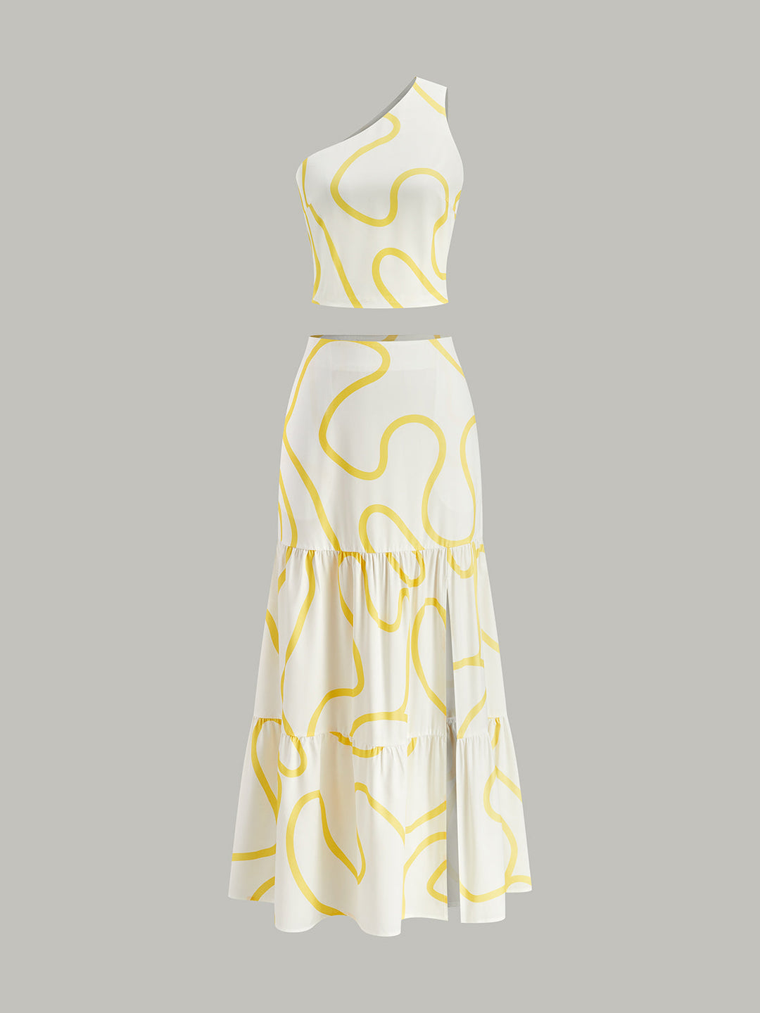 One-Shoulder Abstract Print Crop Top und Maxikleid mit Stufen und Maxi-Rock-Set