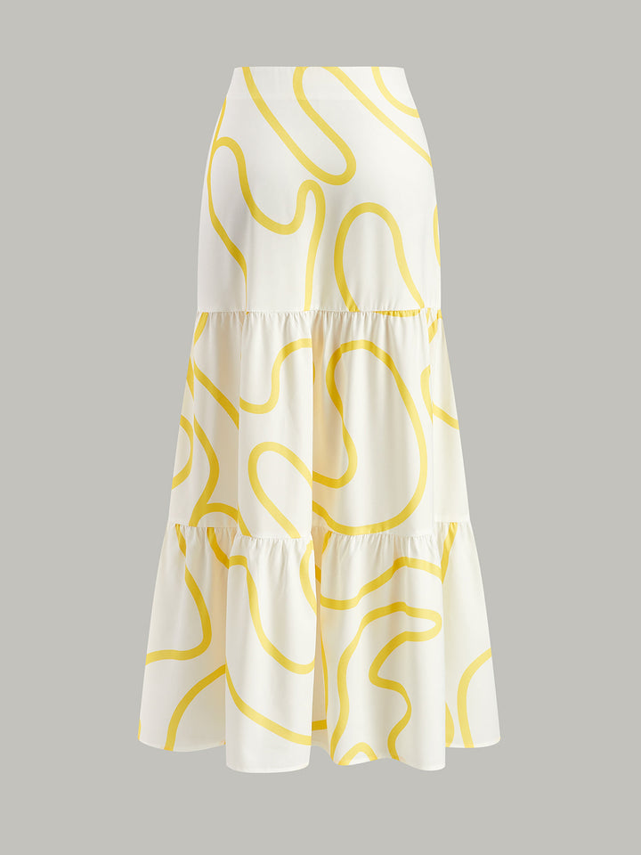 One-Shoulder Abstract Print Crop Top und Maxikleid mit Stufen und Maxi-Rock-Set
