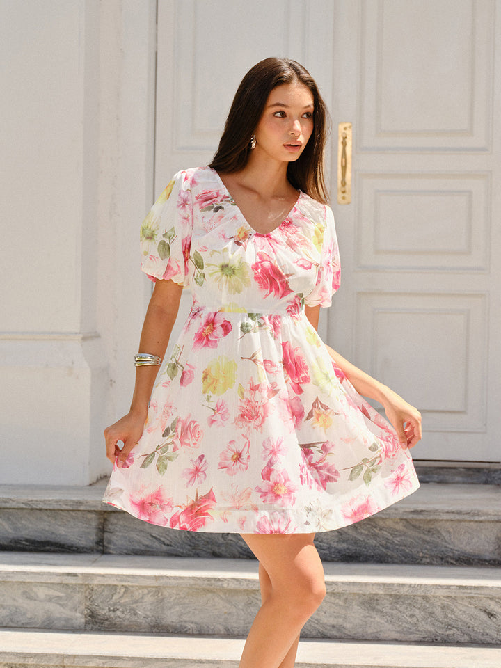Blumen Print Puffärmel Kleid