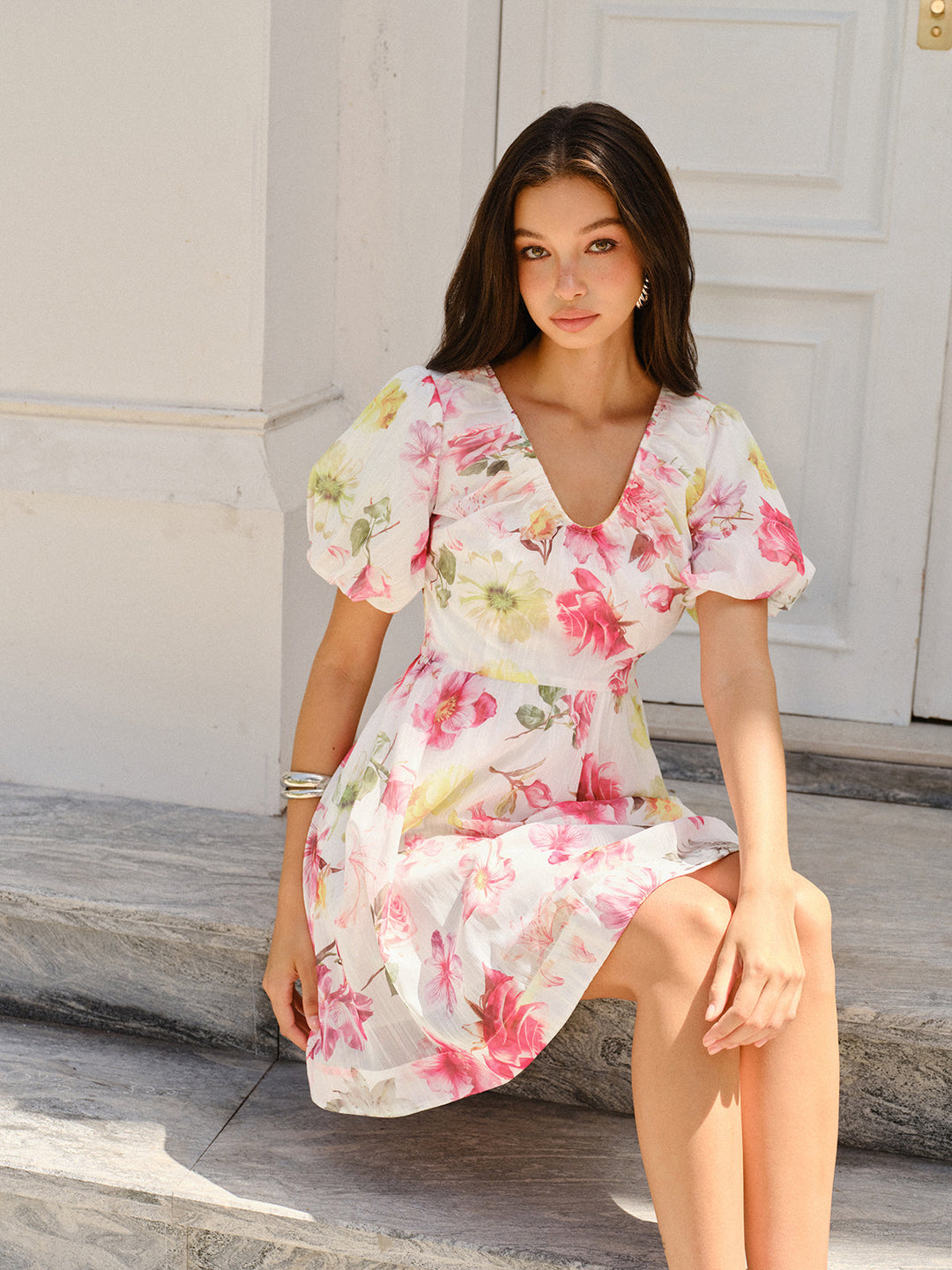 Blumen Print Puffärmel Kleid
