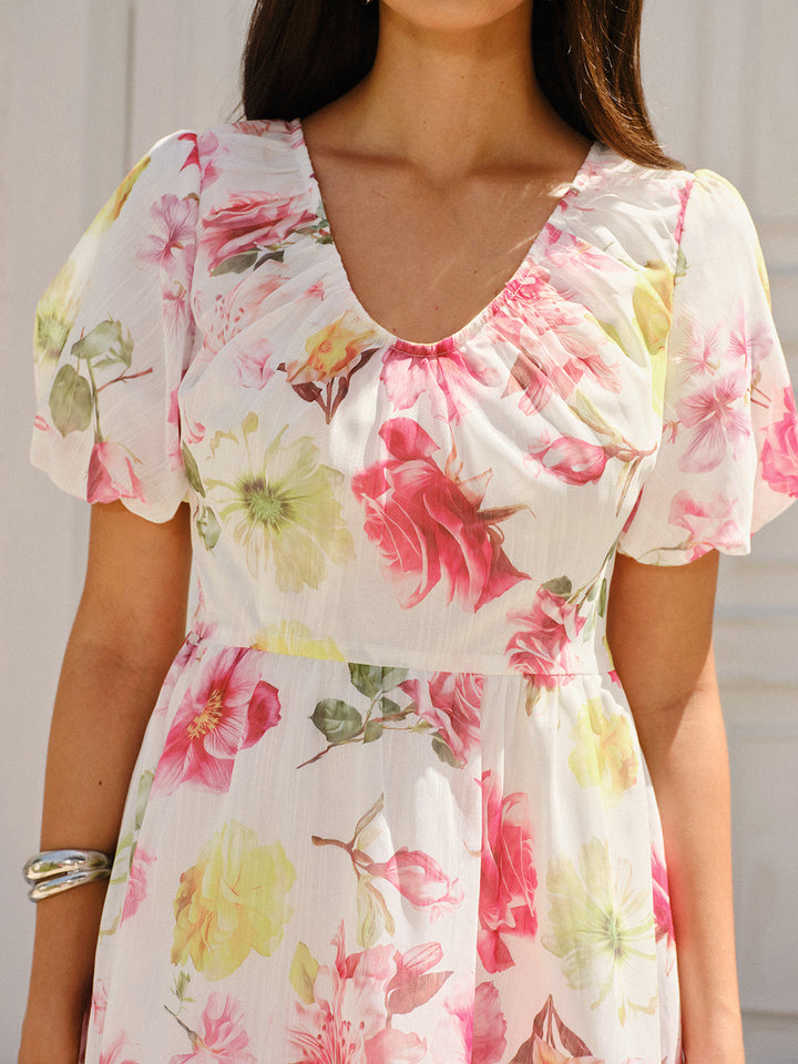 Blumen Print Puffärmel Kleid