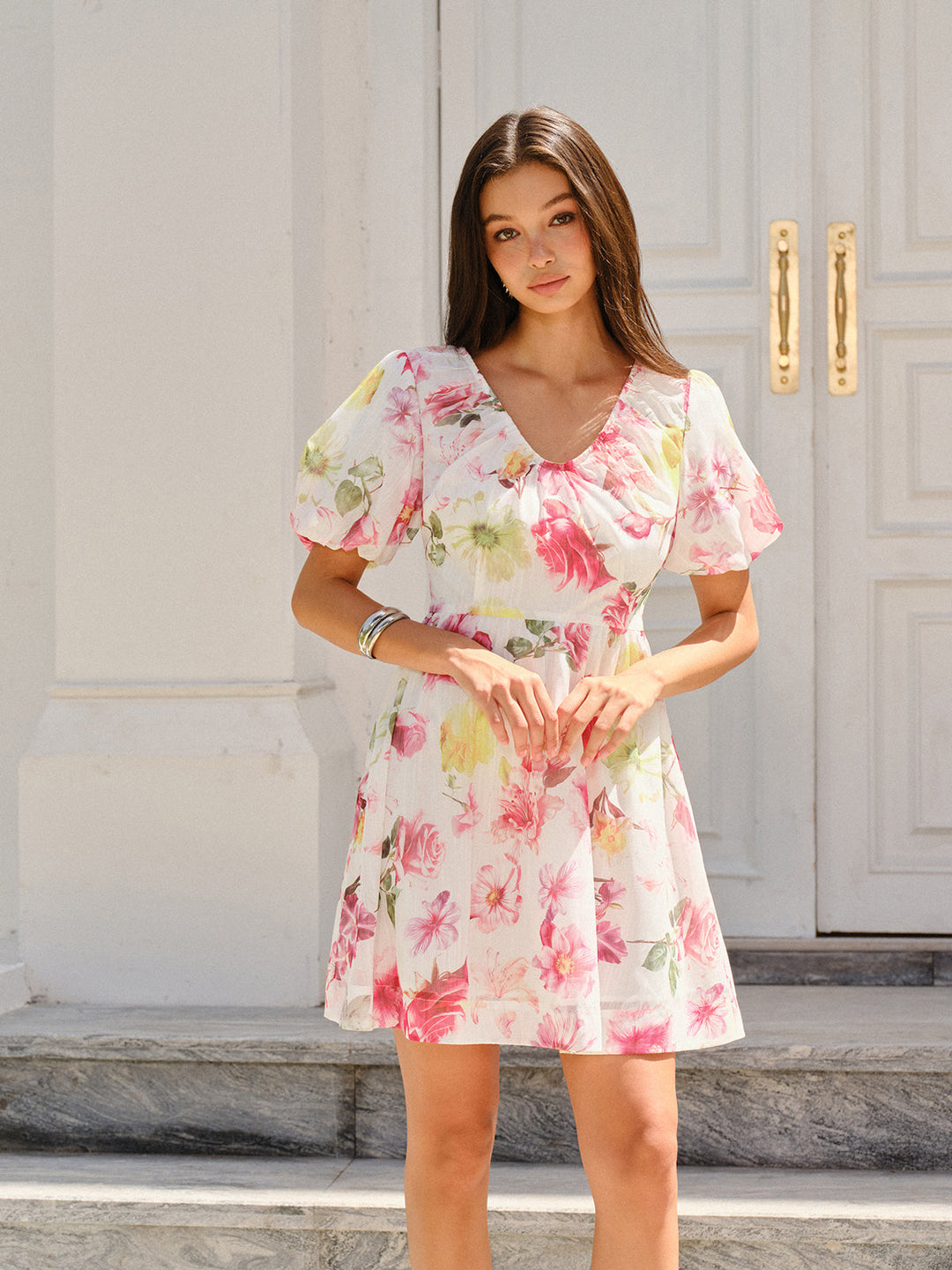 Blumen Print Puffärmel Kleid