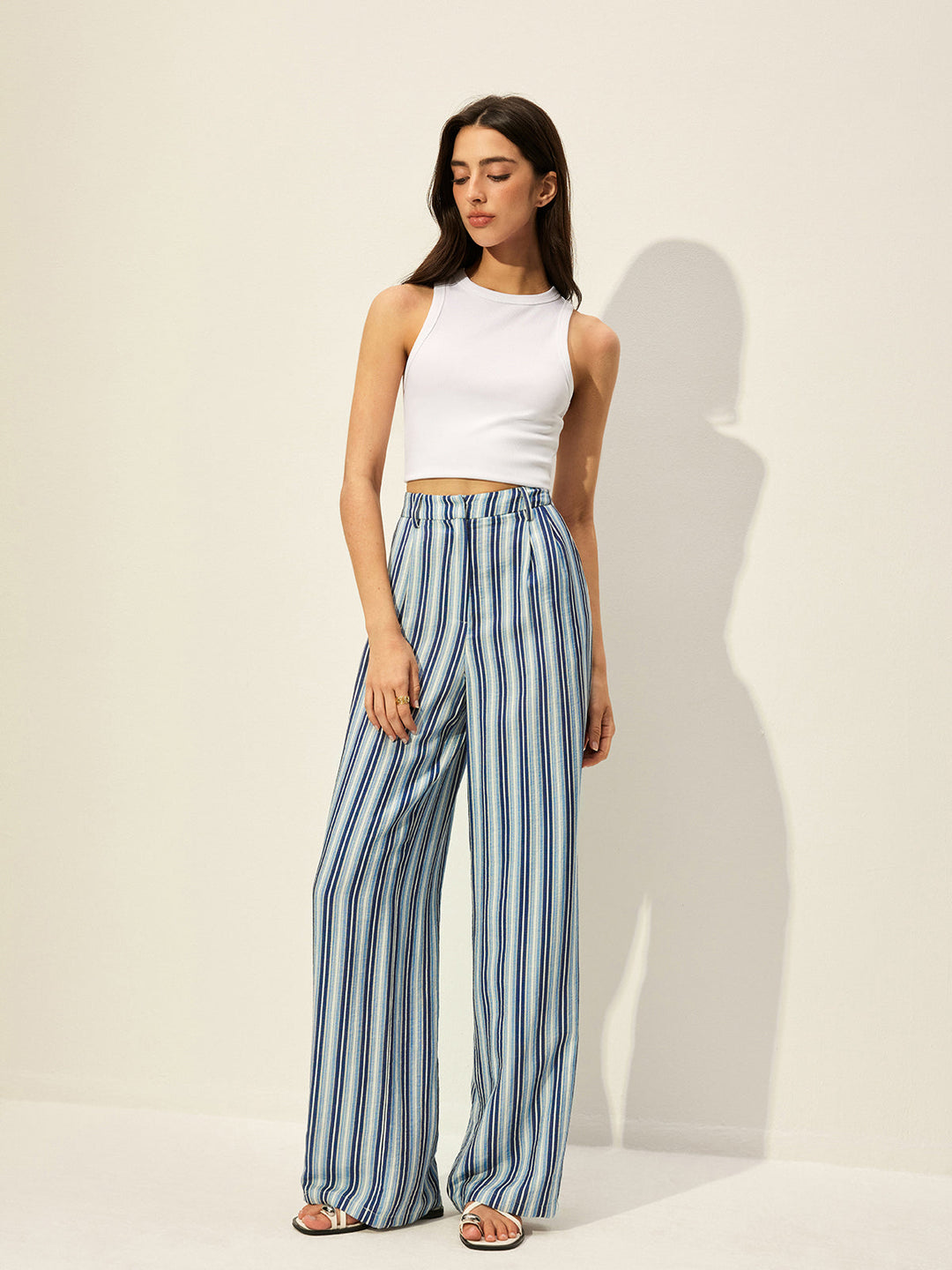 Gestreifte Hose mit hoher Taille aus Baumwollmischung