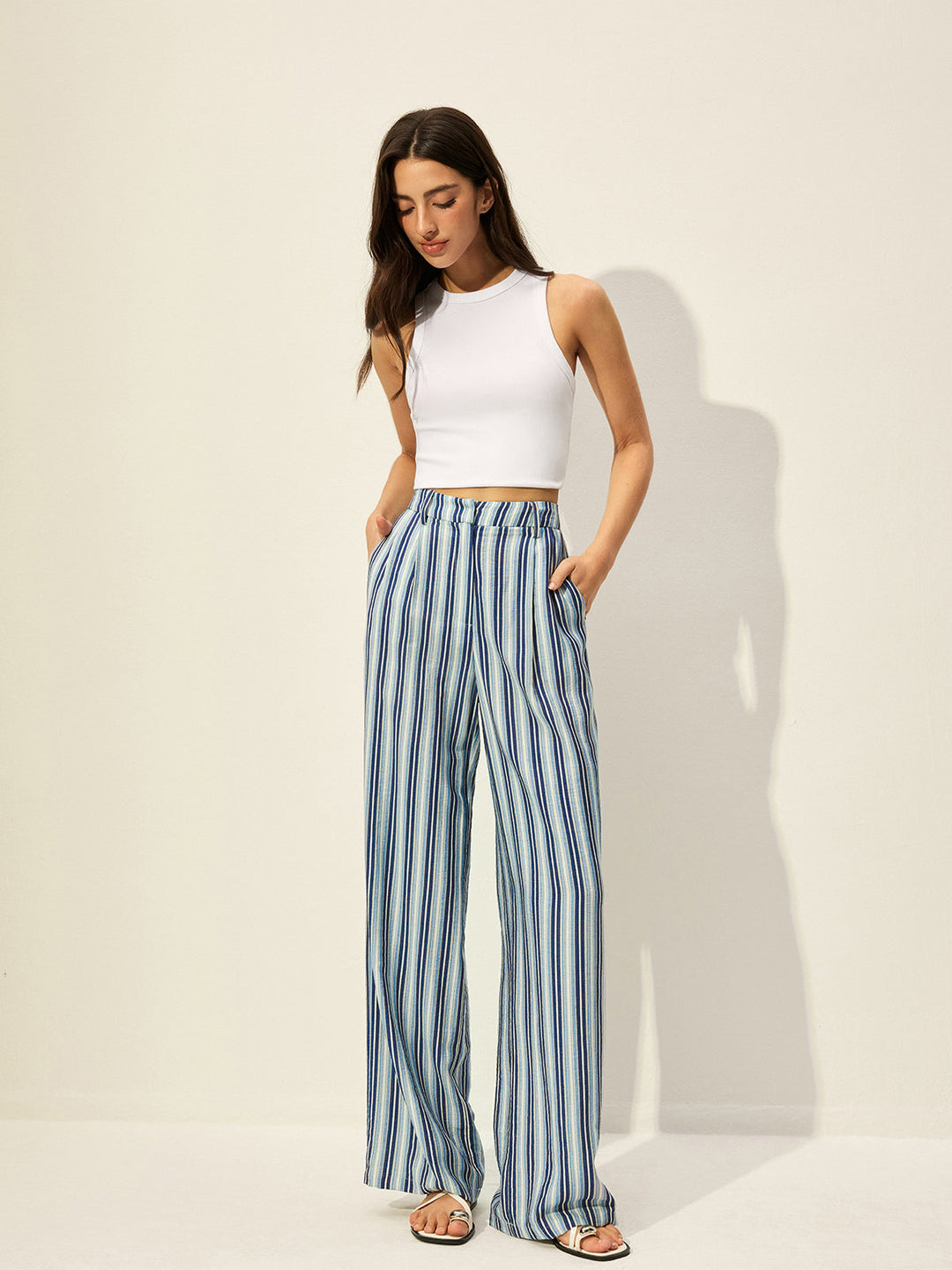 Gestreifte Hose mit hoher Taille aus Baumwollmischung