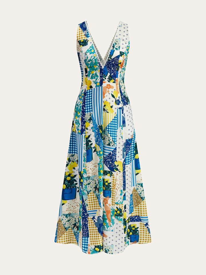 Lemonade Print Spitze Besatz Langes Kleid
