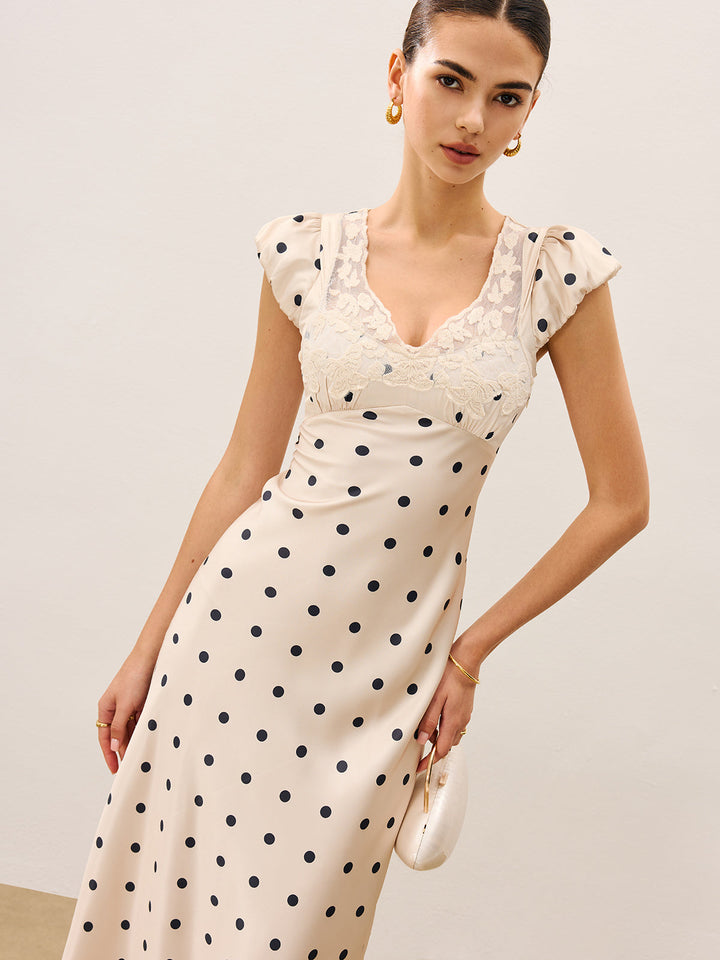 Spitzenbesetztes gepunktetes Kleid mit unsichtbarem Reißverschluss