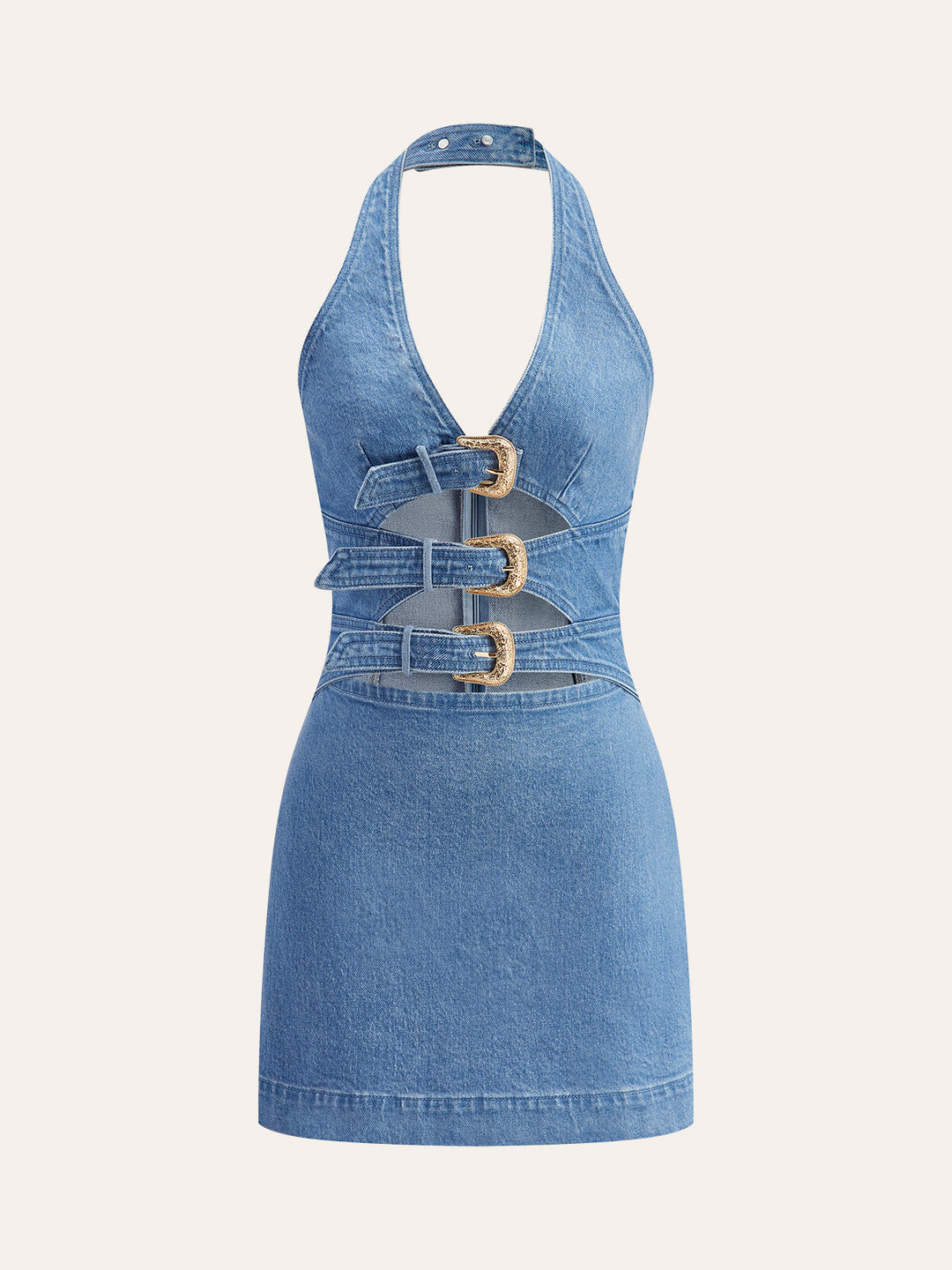 Halter-Neck-Schnallen-Denim-Kleid