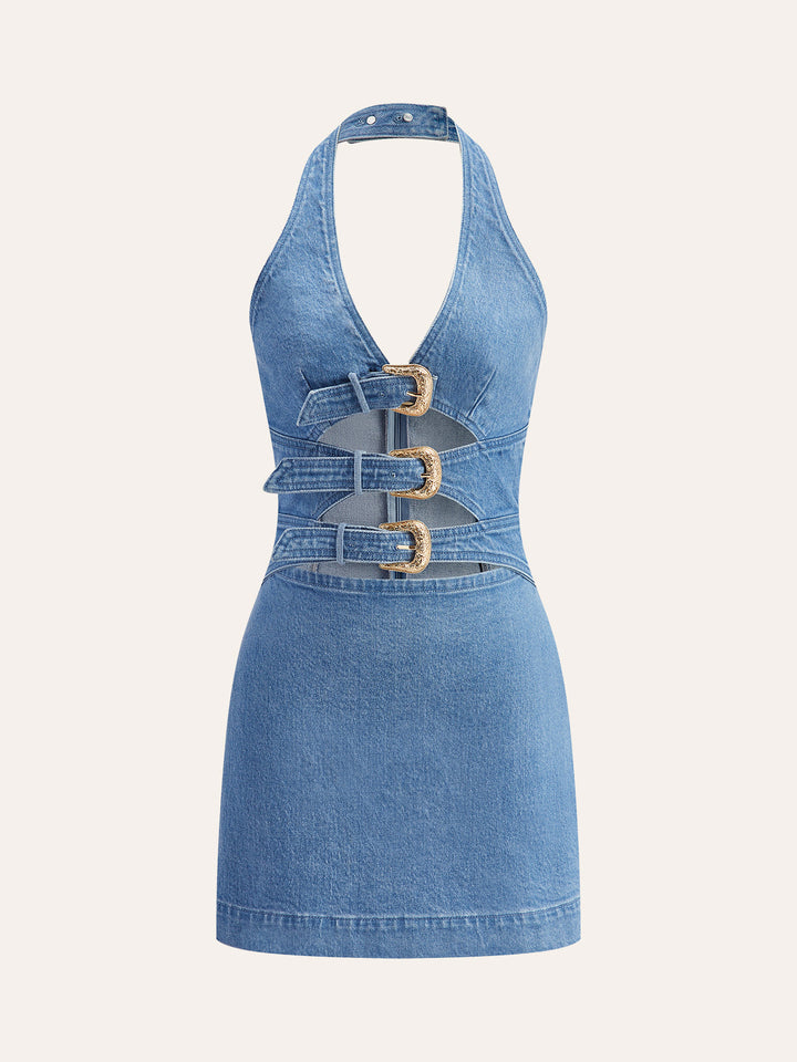 Halter-Neck-Schnallen-Denim-Kleid