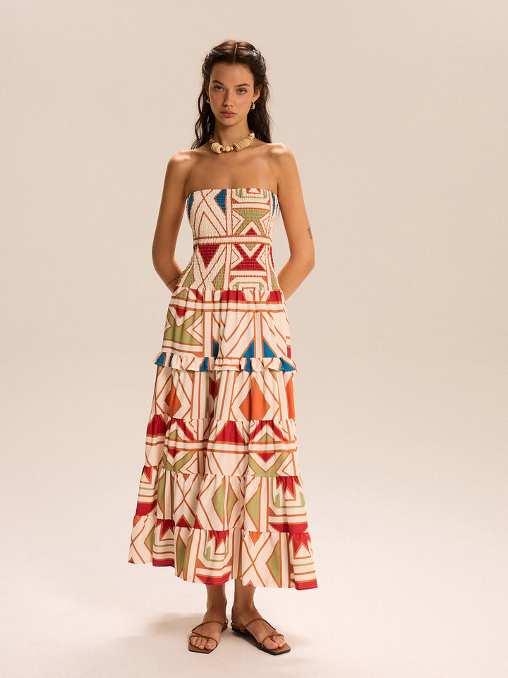 Colorblock trägerloses gestuftes Maxikleid