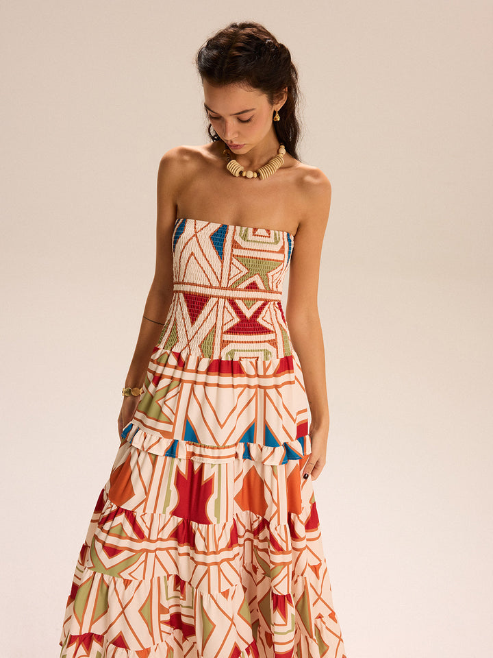 Colorblock trägerloses gestuftes Maxikleid