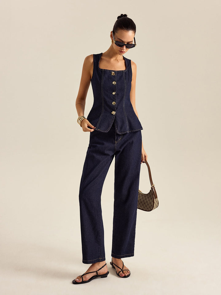 Denim Metal Button Peplum-Oberteil und Hose Set